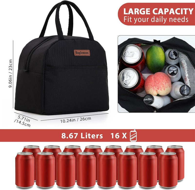 Baglemon Insulated Lunch Bag for Women Men, Lunch Containers Reusable High Capacity Lunch Tote Bags for Work Picnic (Black) - Image 3